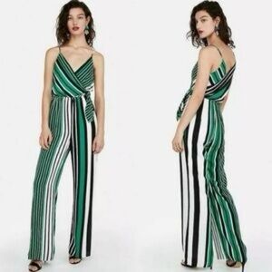 Express Green Striped Wide Leg Jumpsuit NWT Tie Waist